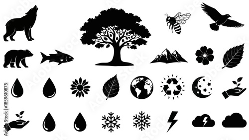 Set of black silhouette nature and environmental weather conservation vector icons
