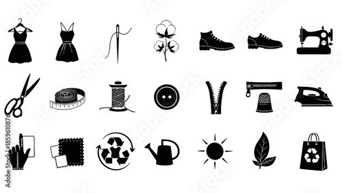 Set of black silhouette sewing fashion and textile industry tools and fabric icons