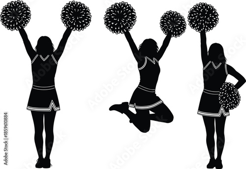 Cheerleader silhouettes with pom-poms, energetic poses, black and white design, dance movement, team spirit, athletic celebration