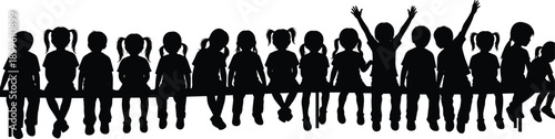 Children silhouettes sitting on beam, playful group, school kids interaction, black and white design, social moment, childhood unity