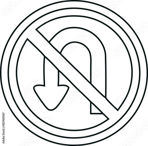 Traffic sign outline vector icon representing no U-turn traffic rules and regulations, perfect for driving guides, map applications, and transportation visuals.