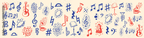 Hand drawn doodle music icons banner close up showing red and blue instruments notes and symbols on beige background seamless pattern