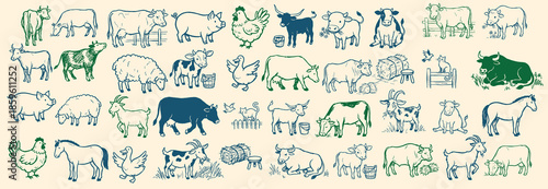 Line art hand drawn blue and green farm animals repeating pattern seamless banner with cow pig horse sketches landscape pasture