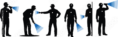 Flashlight usage silhouettes, helmeted figures inspecting, safety technique illustration, black and white design, construction, emergency, inspection pose
