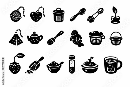 Tea and kitchen utensil icons collection: silhouettes of infusers, teapots, cups, and strainers