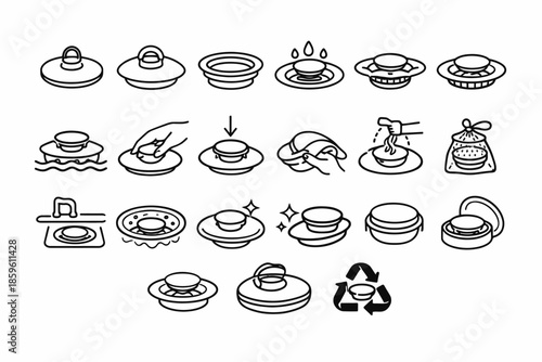 Icons of soap dish usage and maintenance instructions in line art style
