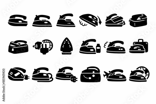 Set of 20 iron icons: various styles and functions illustrated in black silhouette
