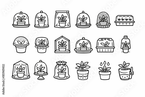 Collection of hand-drawn botanical plant illustrations in unique containers