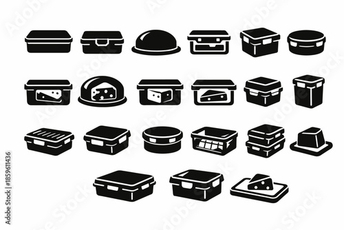 Black and white icon set of cheese storage containers with various designs