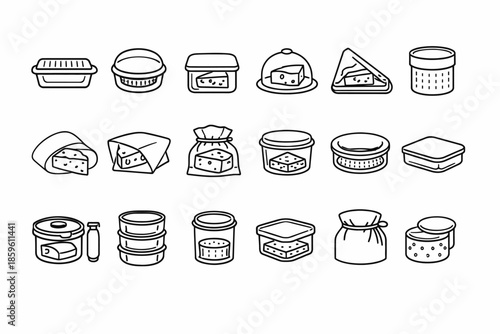 Assorted cheese packaging icons set in black and white outline