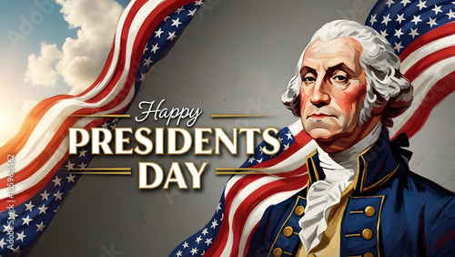 George Washington portrait with American flag and Presidents Day text president day 2026 America