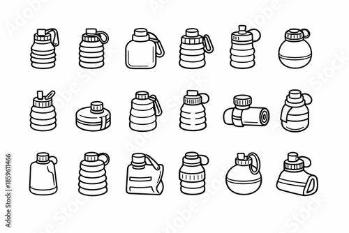 Collection of 18 cartoon sport water bottles in various shapes and styles