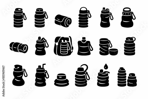 Set of black silhouette water bottles and camping gear icons