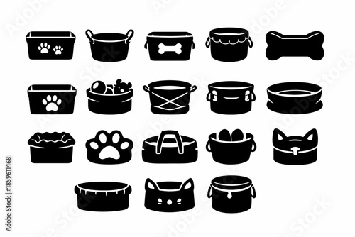 Set of black pet food and toy containers with various designs