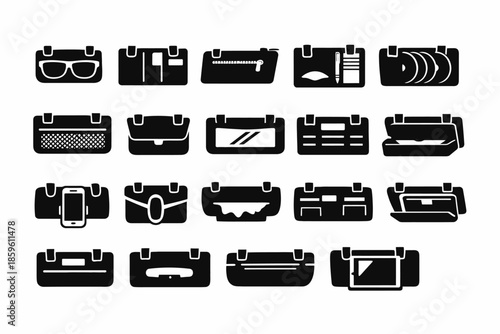 Black icons of bags and accessories with various compartment designs