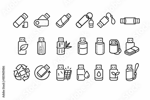 Collection of eco-friendly usb drive icons with various designs