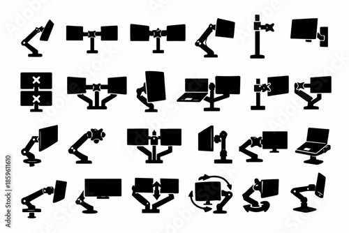 Various monitor arm silhouettes for dual screen setup and ergonomic workstations