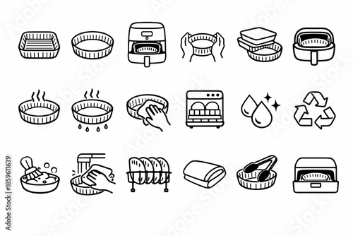 Air fryer and dishwasher safe cookware icons for kitchen efficiency