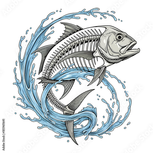 Giant trevally fish jumping with skeleton detail and blue water splash vector illustration