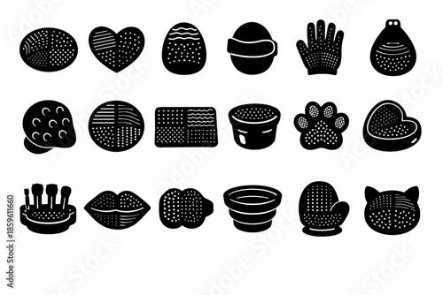 Assorted black and white bath sponge icon set