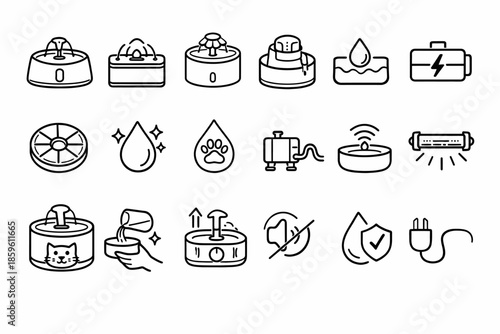 Pet water fountain icons: variety of designs and features in black line art