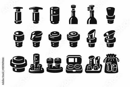 Collection of various solid black bottle and cap silhouettes