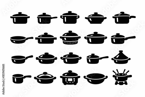 Various black silhouettes of cooking pots and pans in different shapes