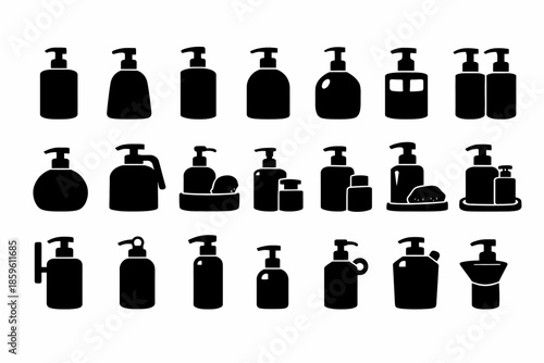 Silhouette collection of various pump bottles and soap dispensers