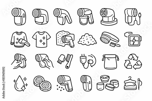 Set of vector icons illustrating fabric shaver and clothing care