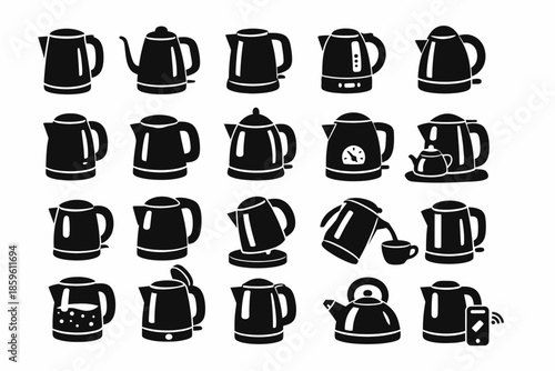 Collection of various electric kettle silhouettes in black and white
