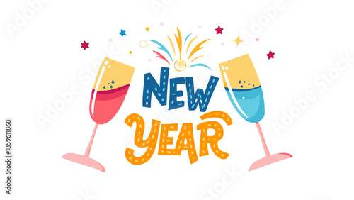 Vector illustration of clinking champagne glasses with sparkling bubbles celebrating New Year night.
