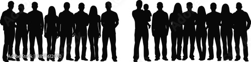 Silhouettes of people in two groups, standing apart, black figures on white background, social division, demographic concept, unity