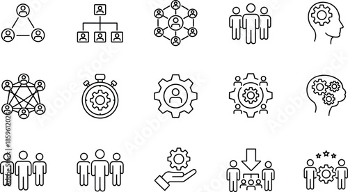 Professional linear vector icon set featuring human resources management team collaboration networking hierarchy and organizational leadership symbols for business apps.