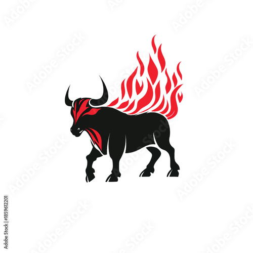 A cute cartoon illustration of a wild brown bull with red horns and a black silhouette head, designed as a nature-inspired vector drawing of a horned farm animal