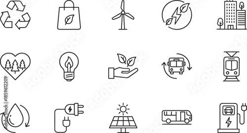 Professional linear vector icon set featuring renewable energy symbols wind turbines solar panels electric vehicle charging and sustainable public transportation for eco-friendly design.