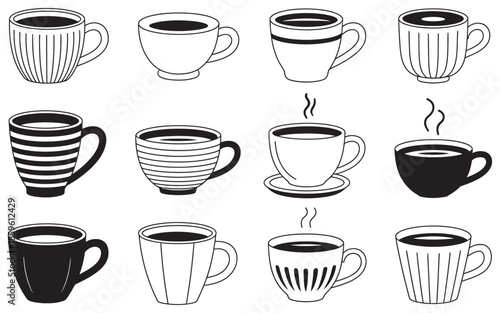 Collection of Hand-Drawn Coffee and Tea Cups in Various Styles