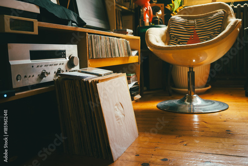 Vinyl collection and hi-fi in living room