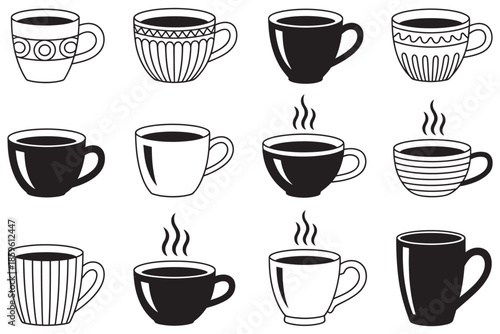 A Collection of Various Coffee and Tea Cups in a Black and White Illustration