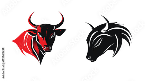 Vector illustration of a wild bull and devil head silhouette with tribal dragon tattoo elements and a black fire symbol for a powerful animal logo design