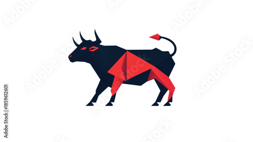 A wild red bull terrier and a horned silhouette bull with a red ribbon running near a black horse vector illustration isolated on a white farm nature background
