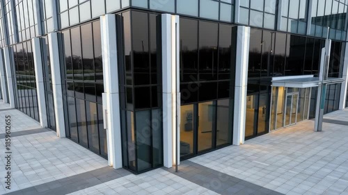Wallpaper Mural Modern glass office building exterior with reflective windows and empty paved plaza at sunset in contemporary urban business district, 4k video Torontodigital.ca