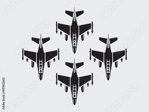 Dynamic vector illustration of four jet fighter planes flying in a tight diamond formation, symbolizing precision and synchronized aerial power