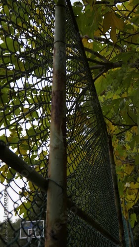 Vertical Video of Outdoor Basketball Court Fence with Autumn Tree
