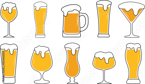 Assortment of Ten Glasses Filled with Beer drinks beverages