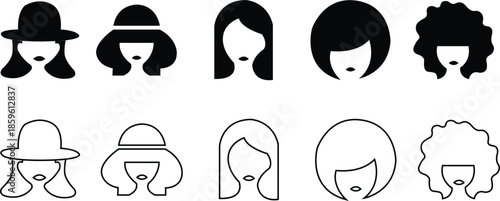 Black and White Icons of Women's Hairstyles and Hats Keywords: woman, female, person, head, face