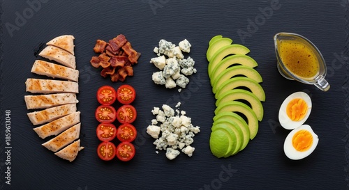 Deconstructed cobb salad ingredients knolling with chicken bacon avocado and egg on black slate