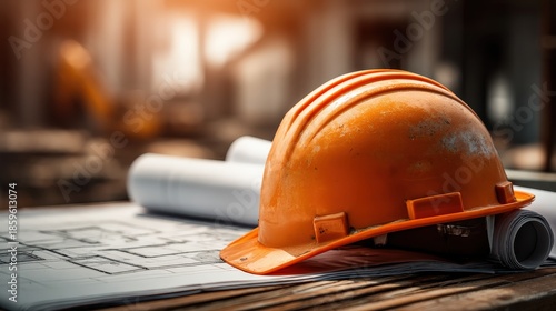 An orange hard hat rests atop architectural blueprints, symbolizing construction, safety, and planning in a work environment.