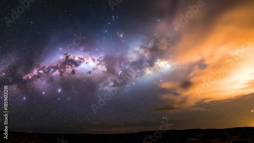 Vast Milky Way Galaxy glowing with cosmic dust and stars above a dark silhouetted landscape under a hazy orange sky during twilight with distant lights on the horizon