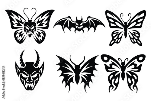 Y2K Neo-tribal tattoo design with gothic demon butterfly, dragon inspired body ornaments, abstract cyber sigil symbols, edgy vector artwork in early 2000s aesthetic.