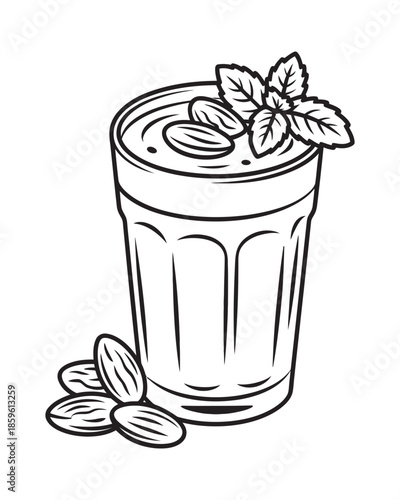 Almond milk smoothie with mint and almonds in a glass healthy drink